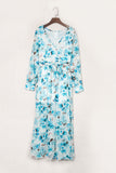 LC6111091-4-S, LC6111091-4-M, LC6111091-4-L, LC6111091-4-XL, Sky Blue Women's Wrap V Neck Floral Long Sleeve Maxi Dress with Slit