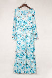 LC6111091-4-S, LC6111091-4-M, LC6111091-4-L, LC6111091-4-XL, Sky Blue Women's Wrap V Neck Floral Long Sleeve Maxi Dress with Slit