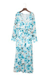 LC6111091-4-S, LC6111091-4-M, LC6111091-4-L, LC6111091-4-XL, Sky Blue Women's Wrap V Neck Floral Long Sleeve Maxi Dress with Slit