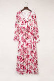 LC6111091-10-S, LC6111091-10-M, LC6111091-10-L, LC6111091-10-XL, Pink Women's Wrap V Neck Floral Long Sleeve Maxi Dress with Slit