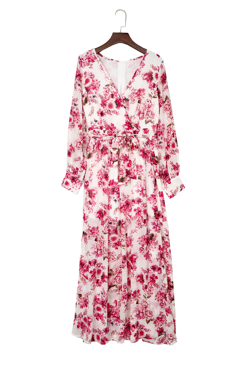 LC6111091-10-S, LC6111091-10-M, LC6111091-10-L, LC6111091-10-XL, Pink Women's Wrap V Neck Floral Long Sleeve Maxi Dress with Slit