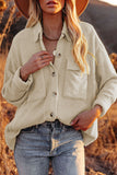 LC8511383-15-S, LC8511383-15-M, LC8511383-15-L, LC8511383-15-XL, LC8511383-15-2XL, Beige Womens Boyfriend Shirt Ribbed Shacket Loose Fit Long Sleeve Tops