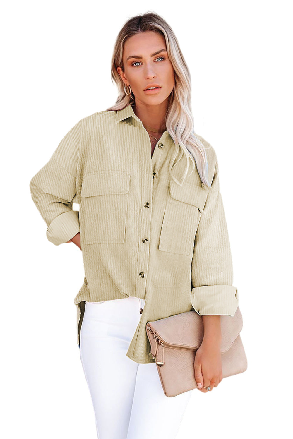 LC8511383-15-S, LC8511383-15-M, LC8511383-15-L, LC8511383-15-XL, LC8511383-15-2XL, Beige Womens Boyfriend Shirt Ribbed Shacket Loose Fit Long Sleeve Tops