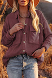 LC8511383-17-S, LC8511383-17-M, LC8511383-17-L, LC8511383-17-XL, LC8511383-17-2XL, Brown Womens Boyfriend Shirt Ribbed Shacket Loose Fit Long Sleeve Tops