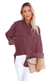 LC8511383-17-S, LC8511383-17-M, LC8511383-17-L, LC8511383-17-XL, LC8511383-17-2XL, Brown Womens Boyfriend Shirt Ribbed Shacket Loose Fit Long Sleeve Tops