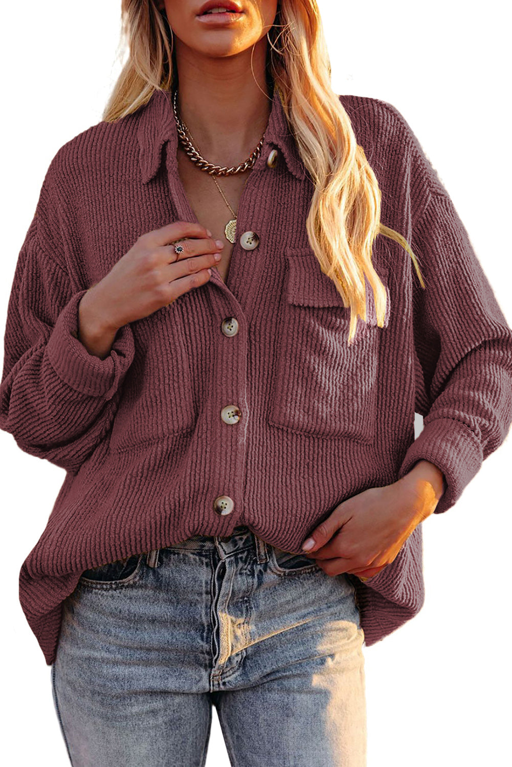 LC8511383-17-S, LC8511383-17-M, LC8511383-17-L, LC8511383-17-XL, LC8511383-17-2XL, Brown Womens Boyfriend Shirt Ribbed Shacket Loose Fit Long Sleeve Tops