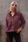LC8511383-17-S, LC8511383-17-M, LC8511383-17-L, LC8511383-17-XL, LC8511383-17-2XL, Brown Womens Boyfriend Shirt Ribbed Shacket Loose Fit Long Sleeve Tops