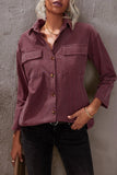 LC8511383-17-S, LC8511383-17-M, LC8511383-17-L, LC8511383-17-XL, LC8511383-17-2XL, Brown Womens Boyfriend Shirt Ribbed Shacket Loose Fit Long Sleeve Tops