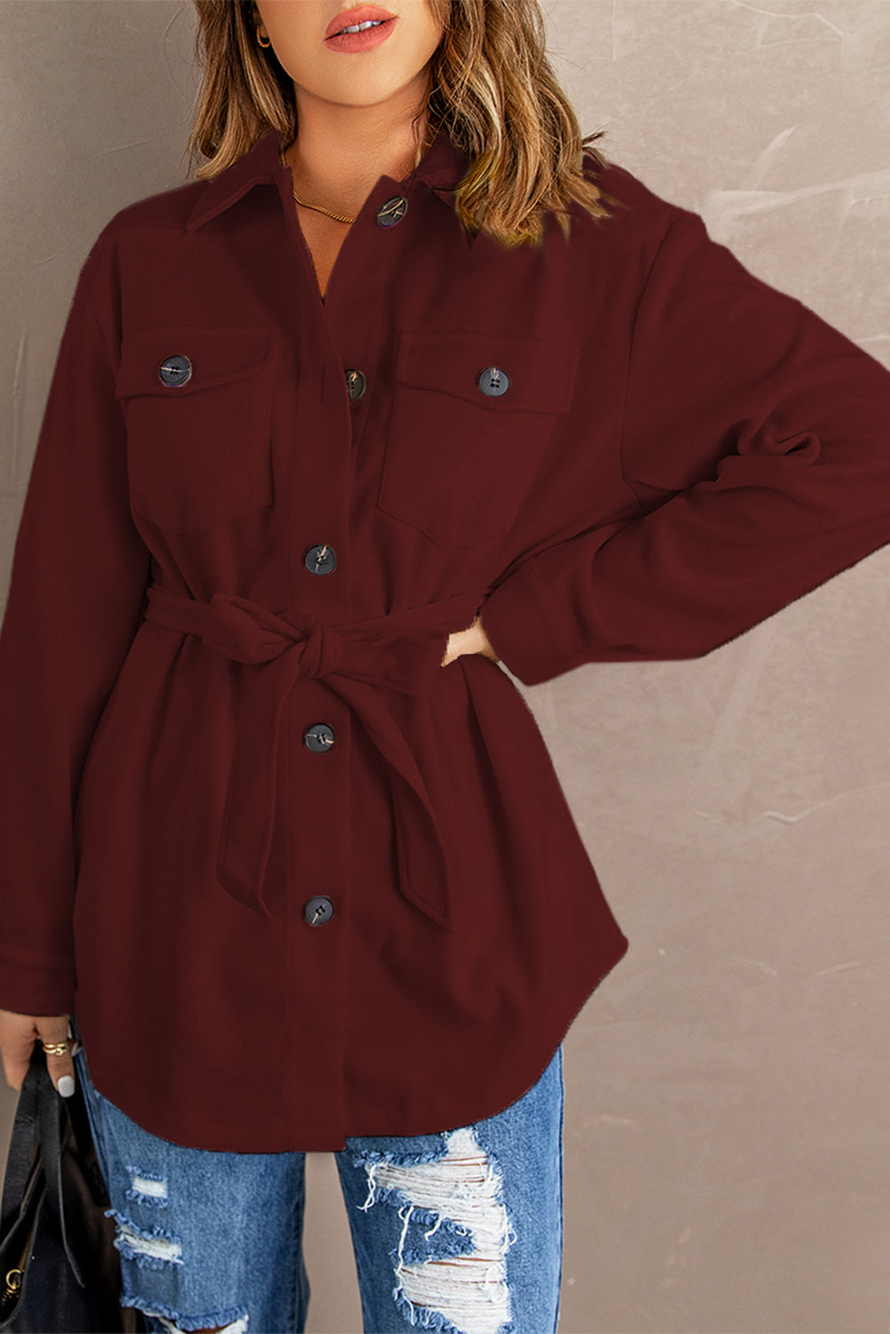 Red Women's Lapel Button Down Coat Winter Belted Coat with Pockets LC8511359-3