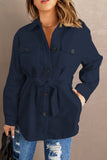 Blue Women's Lapel Button Down Coat Winter Belted Coat with Pockets LC8511359-5