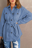 Blue Women's Lapel Button Down Coat Winter Belted Coat with Pockets LC8511359-205