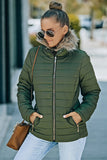 LC85117-9XXL, LC85117-9XL, LC85117-9L, LC85117-9M, LC85117-9S, Broute Green Winter Coats for Women Camel Faux Fur Collar Trim Black Quilted Jacket Outerwear