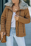 LC85117-17XXL, LC85117-17XL, LC85117-17L, LC85117-17M, LC85117-17S, Almond Brown Winter Coats for Women Camel Faux Fur Collar Trim Black Quilted Jacket Outerwear