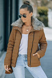 LC85117-17XXL, LC85117-17XL, LC85117-17L, LC85117-17M, LC85117-17S, Almond Brown Winter Coats for Women Camel Faux Fur Collar Trim Black Quilted Jacket Outerwear