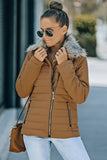 LC85117-17XXL, LC85117-17XL, LC85117-17L, LC85117-17M, LC85117-17S, Almond Brown Winter Coats for Women Camel Faux Fur Collar Trim Black Quilted Jacket Outerwear