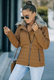 LC85117-17XXL, LC85117-17XL, LC85117-17L, LC85117-17M, LC85117-17S, Almond Brown Winter Coats for Women Camel Faux Fur Collar Trim Black Quilted Jacket Outerwear