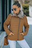 LC85117-17XXL, LC85117-17XL, LC85117-17L, LC85117-17M, LC85117-17S, Almond Brown Winter Coats for Women Camel Faux Fur Collar Trim Black Quilted Jacket Outerwear