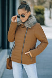 LC85117-17XXL, LC85117-17XL, LC85117-17L, LC85117-17M, LC85117-17S, Almond Brown Winter Coats for Women Camel Faux Fur Collar Trim Black Quilted Jacket Outerwear