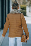 LC85117-17XXL, LC85117-17XL, LC85117-17L, LC85117-17M, LC85117-17S, Almond Brown Winter Coats for Women Camel Faux Fur Collar Trim Black Quilted Jacket Outerwear