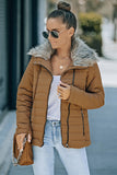 LC85117-17XXL, LC85117-17XL, LC85117-17L, LC85117-17M, LC85117-17S, Almond Brown Winter Coats for Women Camel Faux Fur Collar Trim Black Quilted Jacket Outerwear