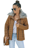LC85117-17XXL, LC85117-17XL, LC85117-17L, LC85117-17M, LC85117-17S, Almond Brown Winter Coats for Women Camel Faux Fur Collar Trim Black Quilted Jacket Outerwear