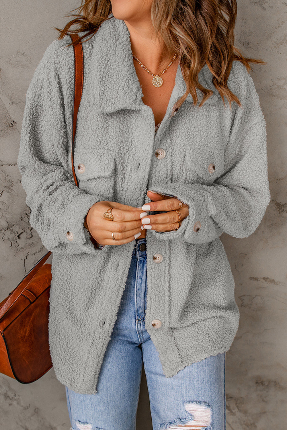 Gray Women's Flap Pockets Long Sleeve Warm Teddy Coat LC854089-11