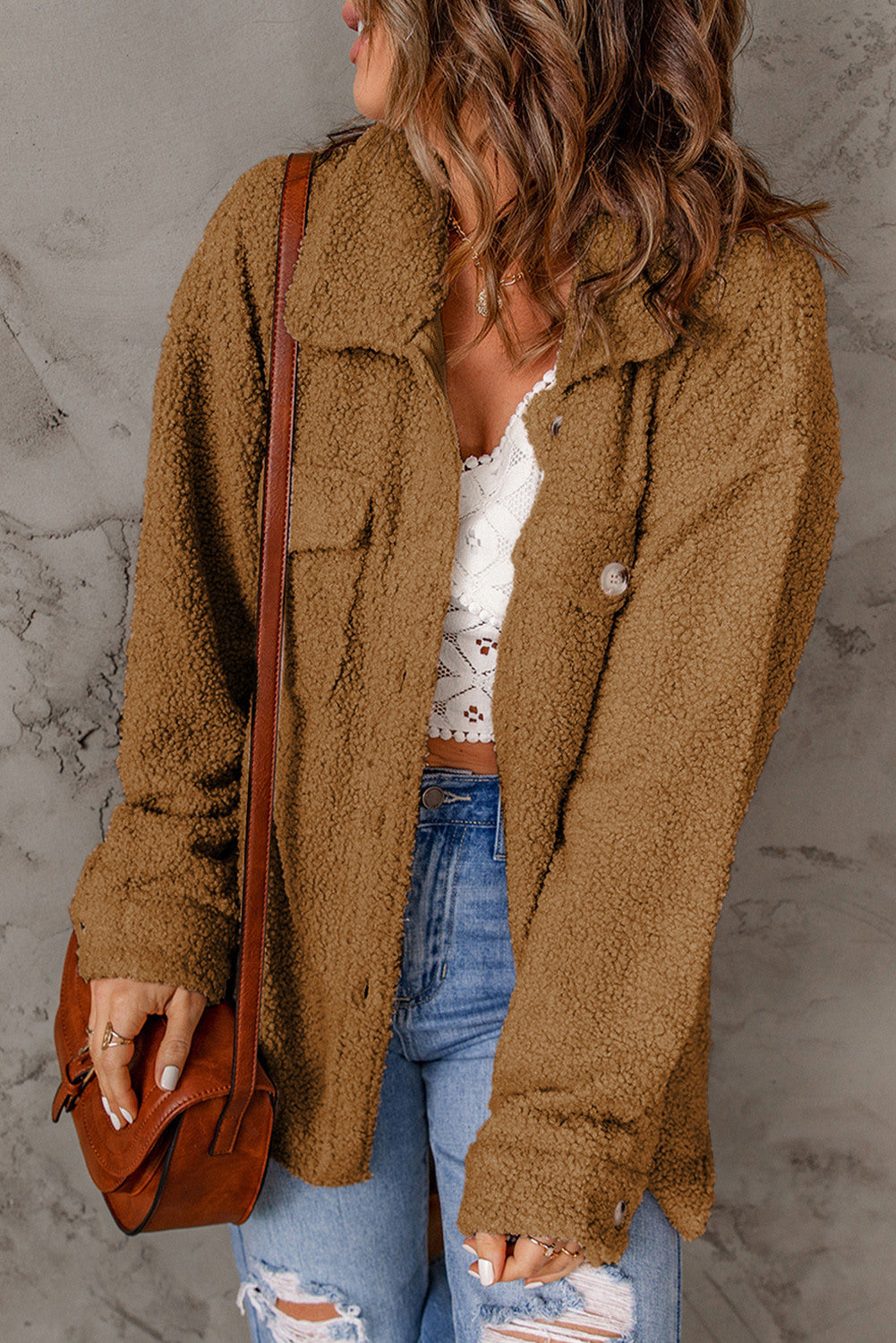 Brown Women's Flap Pockets Long Sleeve Warm Teddy Coat LC854089-17