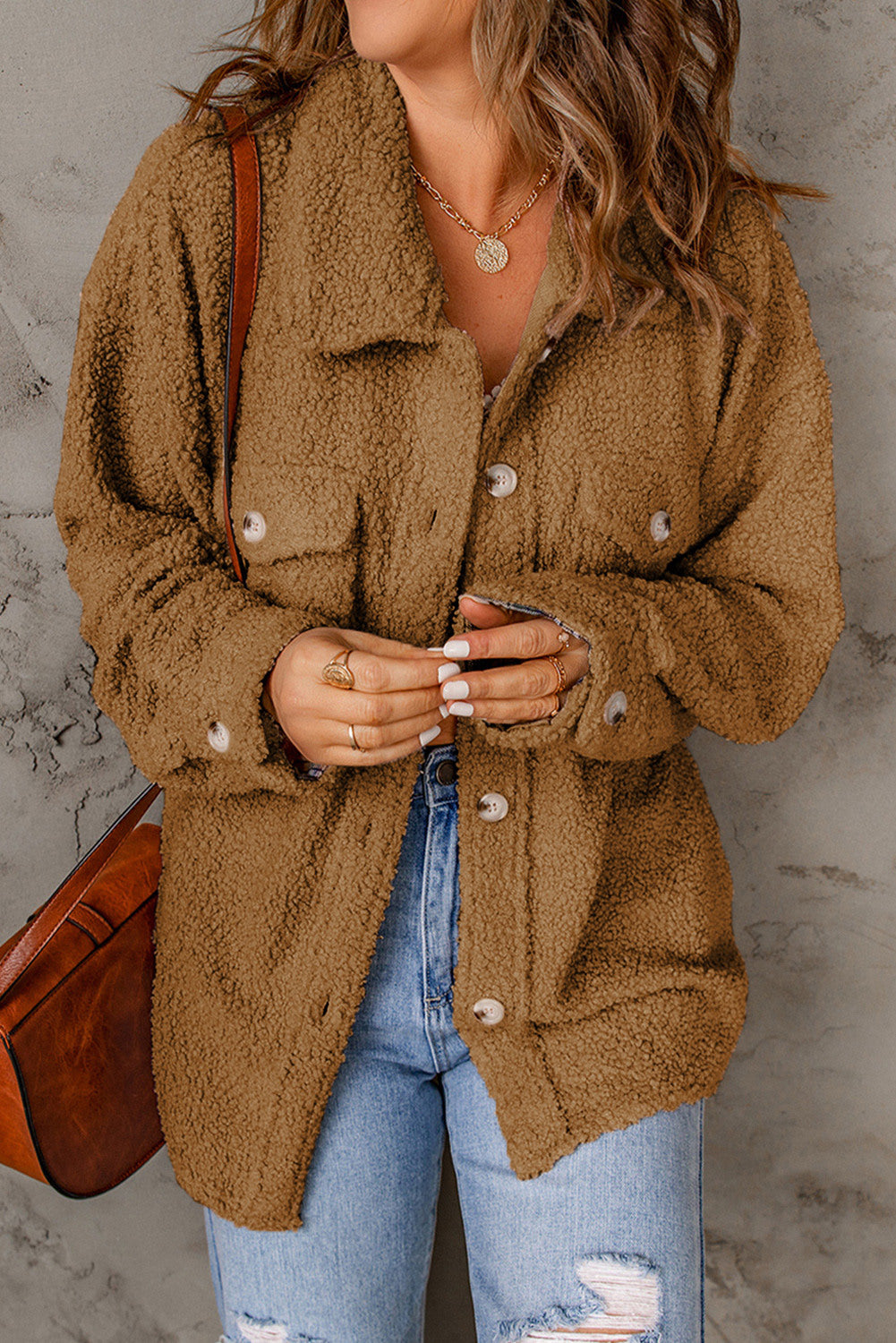 Brown Women's Flap Pockets Long Sleeve Warm Teddy Coat LC854089-17
