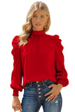 LC25115398-3-S, LC25115398-3-M, LC25115398-3-L, LC25115398-3-XL, LC25115398-3-2XL, Red Mock Neck Puff Long Sleeve Blouses Chiffon Casual Loose Shirts Tops