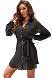 LC42994-2-S, LC42994-2-M, LC42994-2-L, LC42994-2-XL, Black Casual Long Sleeve Striped Shirt Dress Beach Swimsuit Cover Ups with Belt