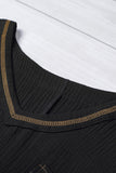 LC25112185-2-S, LC25112185-2-M, LC25112185-2-L, LC25112185-2-XL, LC25112185-2-2XL, Black Women's Casual Short Sleeve T Shirts V Neck Chest Pocket Knit Blouse Top