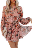LC6111317-10-S, LC6111317-10-M, LC6111317-10-L, LC6111317-10-XL, Pink Vintage Floral Print Drawstring Flowy Dress
