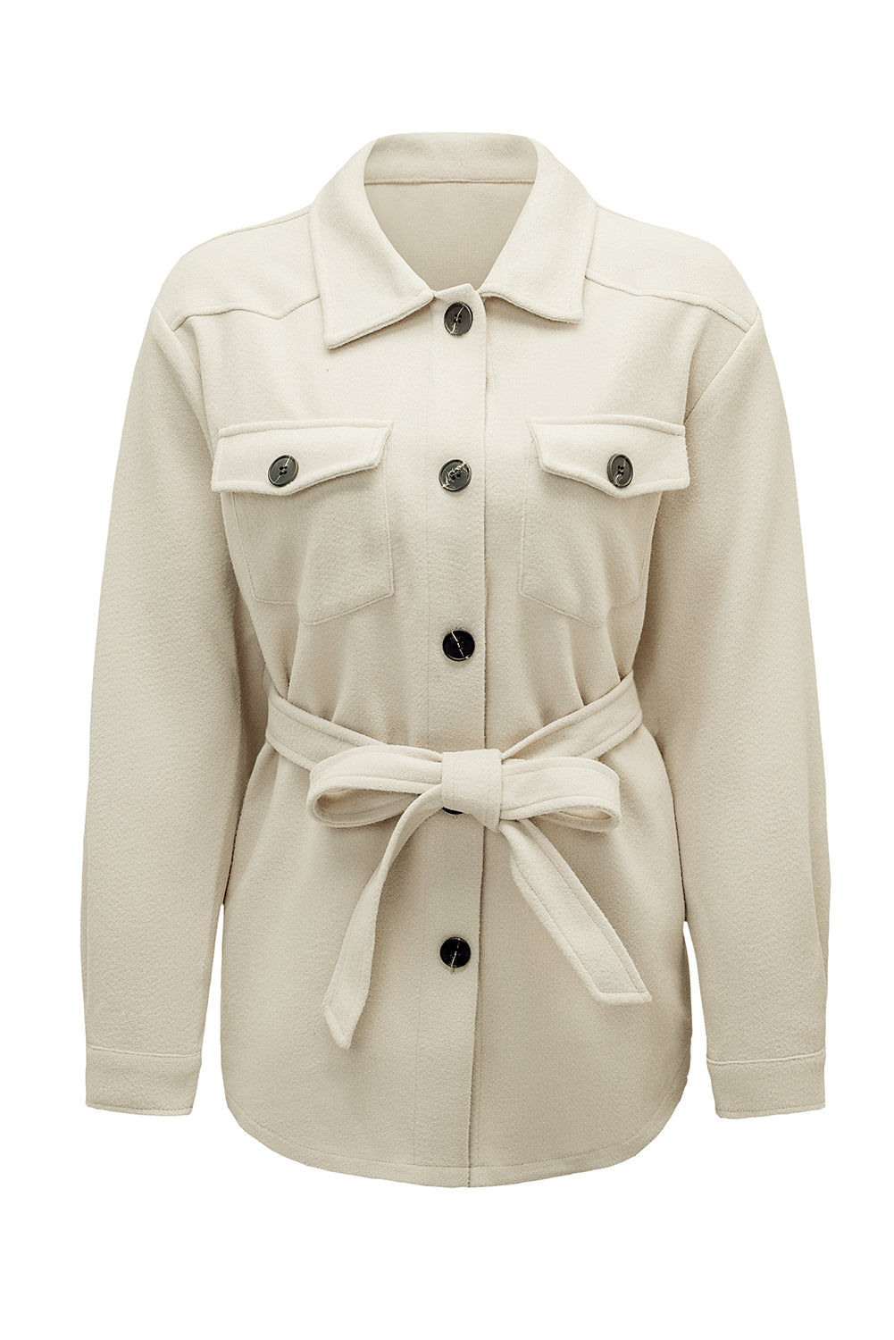 White Women's Lapel Button Down Coat Winter Belted Coat with Pockets LC8511359-1