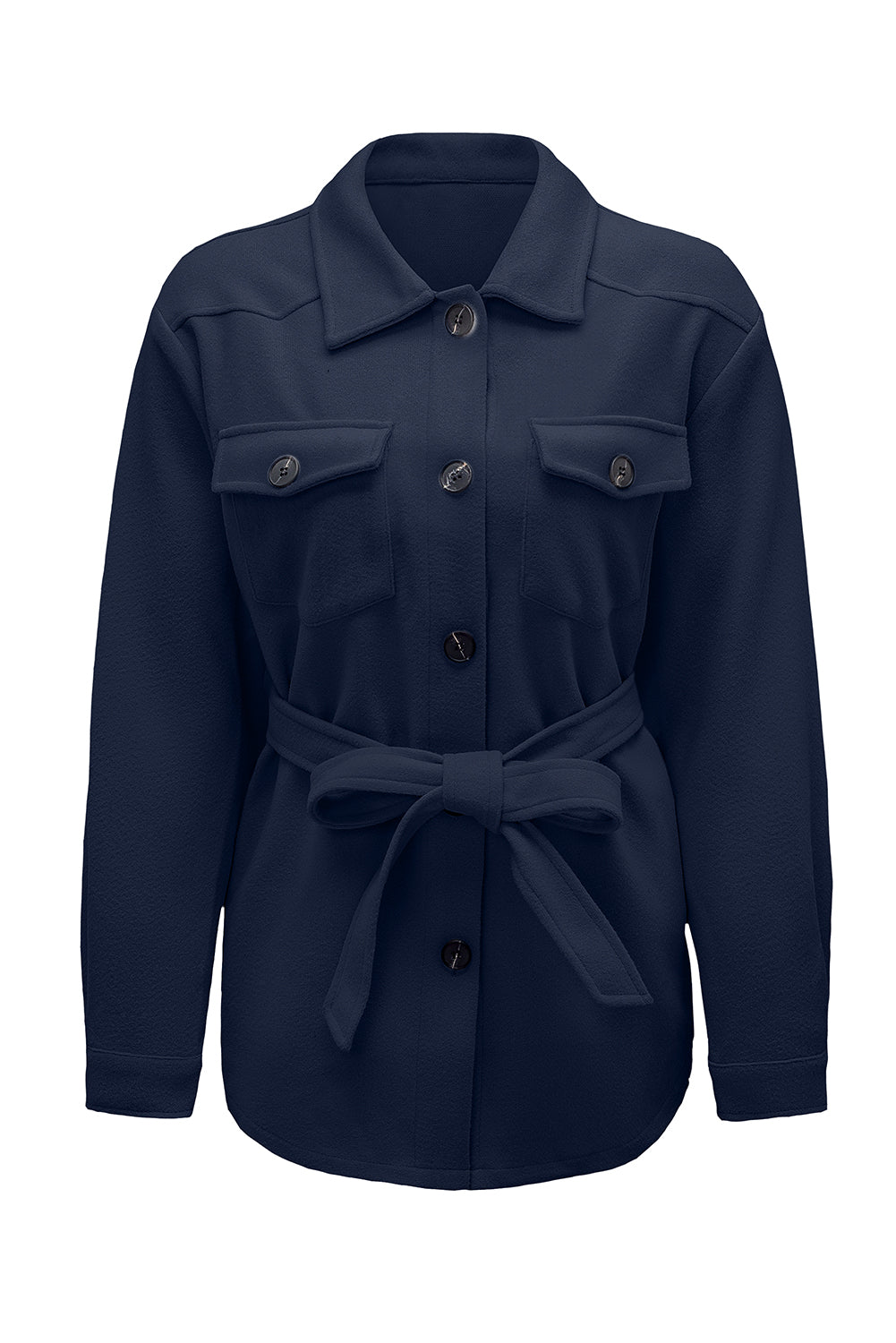 Blue Women's Lapel Button Down Coat Winter Belted Coat with Pockets LC8511359-5
