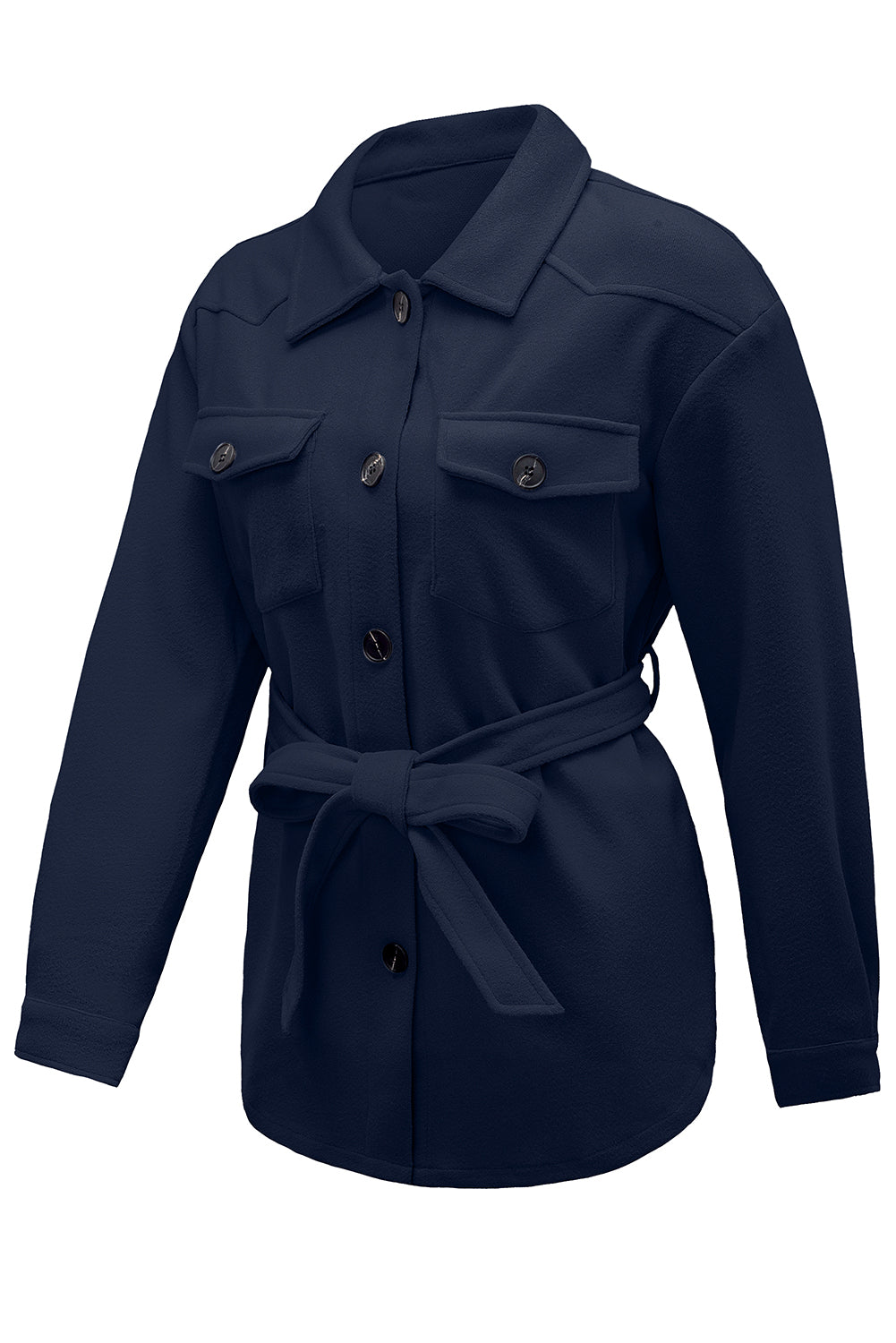 Blue Women's Lapel Button Down Coat Winter Belted Coat with Pockets LC8511359-5