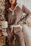 Gray Womens Lounge Sets Red Plaid Brushed Nightwear Casual Outfits LC15286-11