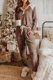 Gray Womens Lounge Sets Red Plaid Brushed Nightwear Casual Outfits LC15286-11