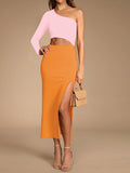 LC6112388-14-S, LC6112388-14-M, LC6112388-14-L, LC6112388-14-XL, Orange Women's Elegant One Shoulder Bodycon Midi Dress Cutout Waist Slit Cocktail Dresses
