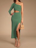 LC6112388-9-S, LC6112388-9-M, LC6112388-9-L, LC6112388-9-XL, Green Women's Elegant One Shoulder Bodycon Midi Dress Cutout Waist Slit Cocktail Dresses