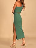 LC6112388-9-S, LC6112388-9-M, LC6112388-9-L, LC6112388-9-XL, Green Women's Elegant One Shoulder Bodycon Midi Dress Cutout Waist Slit Cocktail Dresses