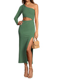 LC6112388-9-S, LC6112388-9-M, LC6112388-9-L, LC6112388-9-XL, Green Women's Elegant One Shoulder Bodycon Midi Dress Cutout Waist Slit Cocktail Dresses