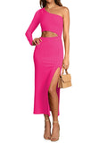 LC6112388-6-S, LC6112388-6-M, LC6112388-6-L, LC6112388-6-XL, Rose Red Women's Elegant One Shoulder Bodycon Midi Dress Cutout Waist Slit Cocktail Dresses