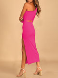 LC6112388-6-S, LC6112388-6-M, LC6112388-6-L, LC6112388-6-XL, Rose Red Women's Elegant One Shoulder Bodycon Midi Dress Cutout Waist Slit Cocktail Dresses