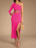 LC6112388-6-S, LC6112388-6-M, LC6112388-6-L, LC6112388-6-XL, Rose Red Women's Elegant One Shoulder Bodycon Midi Dress Cutout Waist Slit Cocktail Dresses