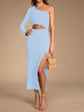 LC6112388-4-S, LC6112388-4-M, LC6112388-4-L, LC6112388-4-XL, Sky Blue Women's Elegant One Shoulder Bodycon Midi Dress Cutout Waist Slit Cocktail Dresses