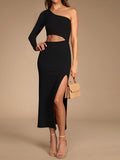 LC6112388-2-S, LC6112388-2-M, LC6112388-2-L, LC6112388-2-XL, Black Women's Elegant One Shoulder Bodycon Midi Dress Cutout Waist Slit Cocktail Dresses
