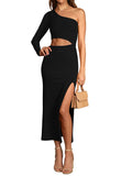 LC6112388-2-S, LC6112388-2-M, LC6112388-2-L, LC6112388-2-XL, Black Women's Elegant One Shoulder Bodycon Midi Dress Cutout Waist Slit Cocktail Dresses