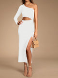 LC6112388-1-S, LC6112388-1-M, LC6112388-1-L, LC6112388-1-XL, White Women's Elegant One Shoulder Bodycon Midi Dress Cutout Waist Slit Cocktail Dresses