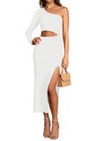 LC6112388-1-S, LC6112388-1-M, LC6112388-1-L, LC6112388-1-XL, White Women's Elegant One Shoulder Bodycon Midi Dress Cutout Waist Slit Cocktail Dresses
