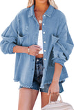 Sky Blue Womens Overdsizd Distressed Fringe Trim Denim Jacket LC854103-4